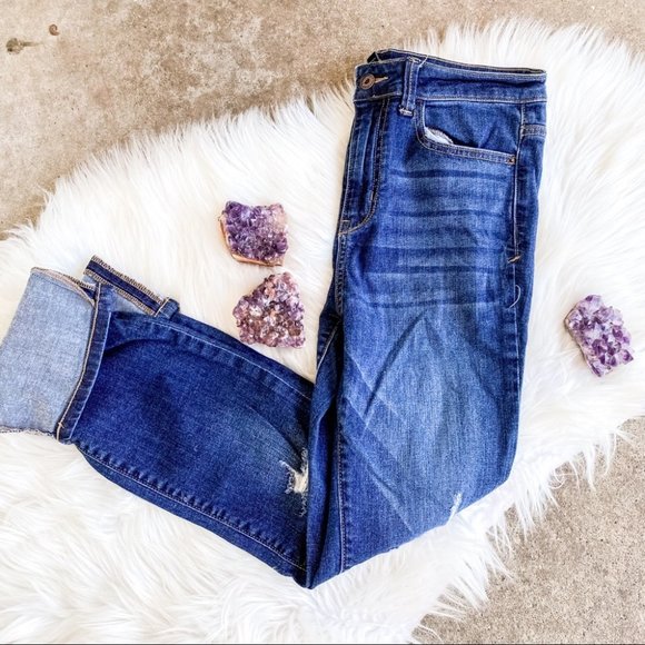 Forever 21 Denim - Forever 21 Dark Distressed Skinny Straight Cuffed Jeans